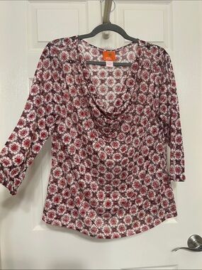 Hearts of Palm Boho Deep Red Floral Draped Neckline Top with Rhinestones